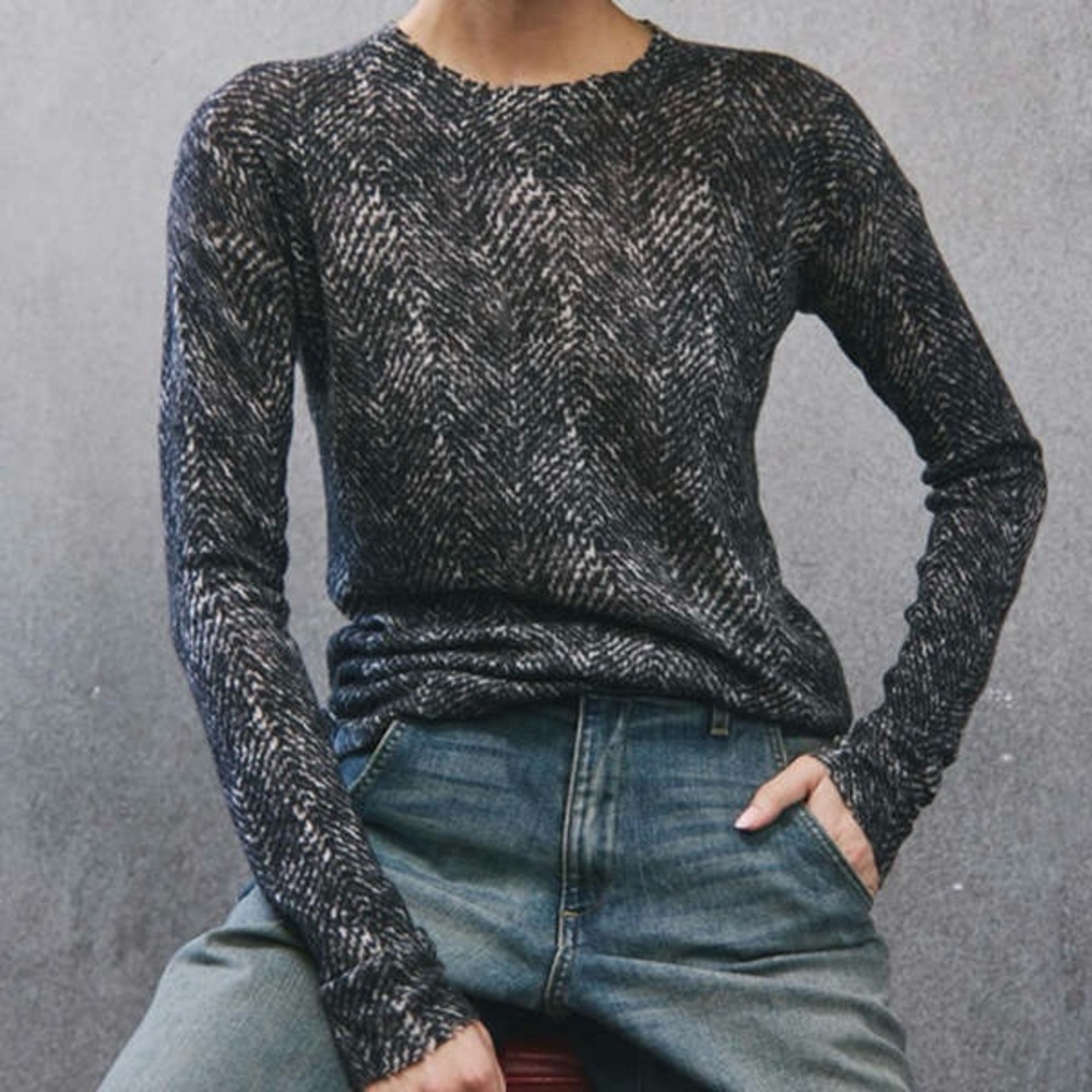 Autumn Cashmere Sweater Women S Abstract Herringbone Lightweight Crew Black Gray